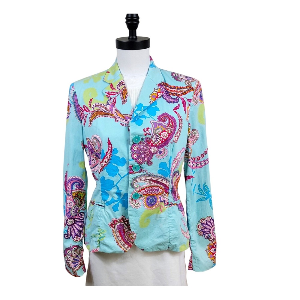 Ralph Lauren Blazer Womens 10 Blue Paisley Floral Cotton 3 Button Jacket